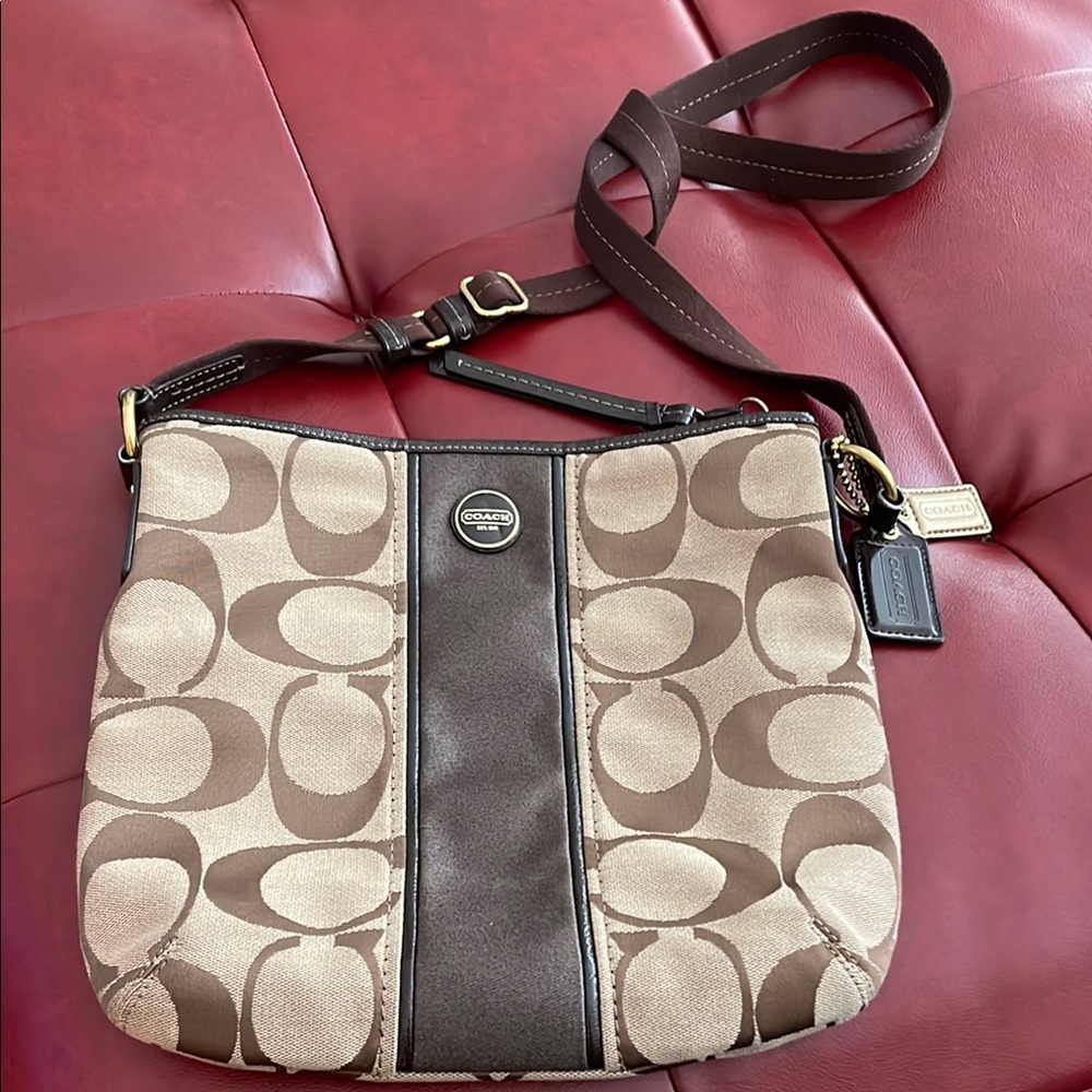 Coach Brown and Tan Signature Shoulder Bag with Gold-Tone Hardware